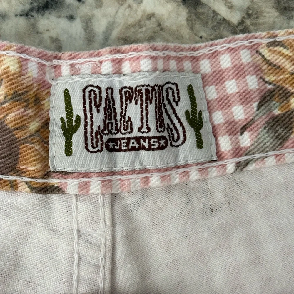 Cactus Jeans Pink White Gingham Check Sunflowers Denim Shorts Size 16 Vintage - Picture 6 of 10